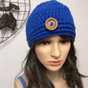 Royal Blue Button Hat Crochet Women's Hand Made New